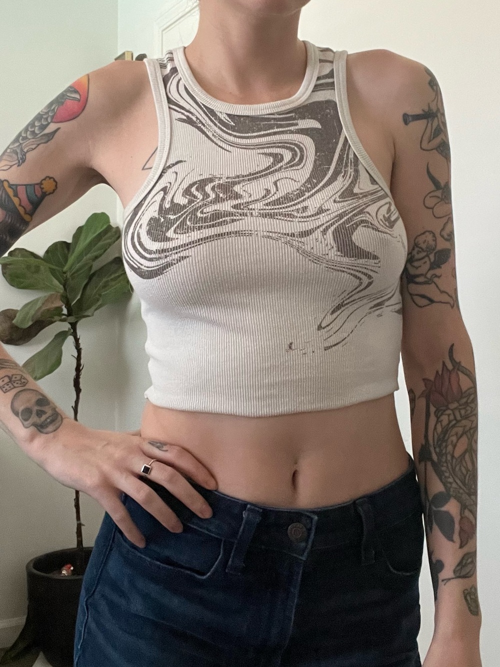 Adika White Tank Top with Grey Abstract Swirl Print